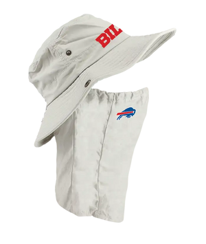 A light tan Buffalo Bills sun hat with an attached neck shield. The hat features the Bills text logo in red on the front of the hat, and the Bills logo is on the right cheek of the neck shield.