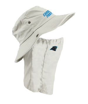 A light tan Carolina Panthers sun hat with an attached neck shield. The hat features the Panthers text logo in blue on the front of the hat, and the Panthers logo is on the right cheek of the neck shield.