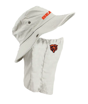 A light tan wide-brim sun hat with a matching neck gaiter, featuring an orange Chicago Bears text logo on the front of the hat and a matching bears head logo on the right cheek of the neck gaiter.