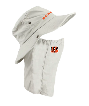 A light tan Cincinnati Bengals sun hat with an attached neck shield. The hat features the Bengals text logo in orange on the front of the hat, and the Bengals logo is on the right cheek of the neck shield.