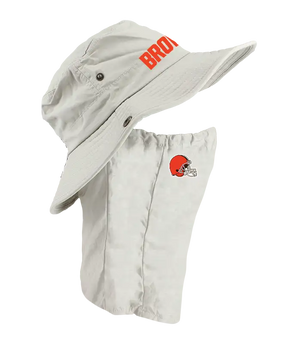 A light tan Cleveland Browns sun hat with an attached neck shield. The hat features the Browns text logo in orange on the front of the hat, and the Browns logo is on the right cheek of the neck shield.