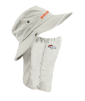 A light tan wide-brim sun hat with an attached neck shield, featuring the orange embroidered word 'BRONCOS' on the hat and the Denver Broncos logo on the right cheek of the neck gaiter.