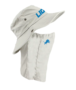 A light tan Detroit Lions sun hat with an attached neck shield. The hat features the Lions text logo in blue on the front of the hat, and the Lions logo is on the right cheek of the neck shield.