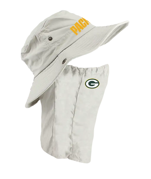 A light tan sun hat with a matching neck gaiter, featuring the Green Bay Packers logo on the right cheek of the neck scarf and 'PACKERS' text on the front of the hat.