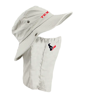 A light tan Houston Texans sun hat with an attached neck shield. The hat features the Texans text logo in red on the front of the hat, and the Texans logo is on the right cheek of the neck shield.