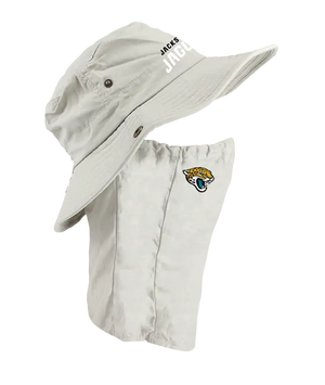 A light tan Jacksonville Jaguars sun hat with an attached neck shield. The hat features the Jaguars text logo in black and white on the front of the hat, and the Jaguars logo is on the right cheek of the neck shield.