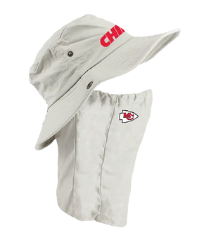 A light tan Kansas City Chiefs sun hat with an attached neck shield. The hat features the Chiefs text logo in red on the front of the hat, and the Chiefs logo is on the right cheek of the neck shield.
