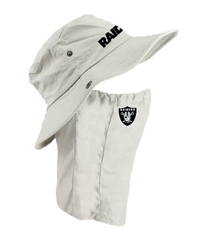 A light tan Las Vegas Raiders sun hat with an attached neck shield. The hat features the Raiders text logo in black on the front of the hat, and the Raiders logo is on the right cheek of the neck shield.