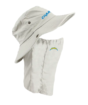 A light tan Los Angeles Chargers sun hat with an attached neck shield. The hat features the Chargers text logo in blue on the front of the hat, and the Chargers logo is on the right cheek of the neck shield.