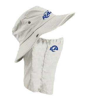 A light tan Los Angeles Rams sun hat with an attached neck shield. The hat features the Rams text logo in blue on the front of the hat, and the Rams logo is on the right cheek of the neck shield.