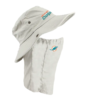 A light tan Miami Dolphins sun hat with an attached neck shield. The hat features the Dolphins text logo in orange and aqua on the front of the hat, and the Dolphins logo is on the right cheek of the neck shield.