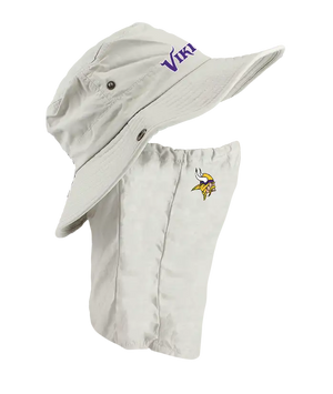 A light tan Minnesota Vikings sun hat with an attached neck shield. The hat features the Vikings text logo in purple on the front of the hat, and the Vikings logo is on the right cheek of the neck shield.