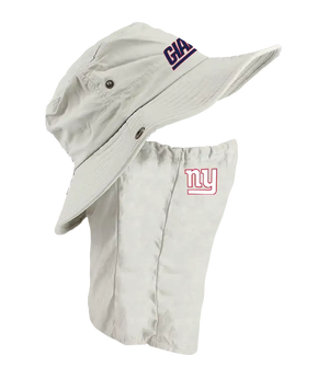 A light tan New York Giants sun hat with an attached neck shield. The hat features the Giants text logo in blue on the front of the hat, and the Giants logo is on the right cheek of the neck shield.