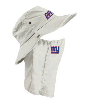 A New York Giants sun hat with an attached neck gaiter, in light tan with blue ‘Giants’ on the hat and Giants team logo on the right cheek of the neck gaiter.