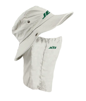 A light tan New York Jets sun hat with an attached neck shield. The hat features the Jets text logo in green on the front of the hat, and the Jets logo is on the right cheek of the neck shield.