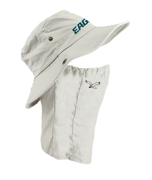 A light tan wide-brim sun hat with an attached neck shield, featuring the word 'EAGLES' in green on the hat and the classic flying eagle logo on the right cheek of the neck gaiter.