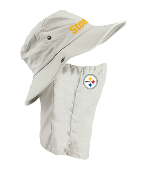 A light tan Pittsburgh Steelers sun hat with an attached neck shield. The hat features the Steelers logo in yellow on the front of the hat, and the circular Steelers logo is on the right cheek of the neck shield.
