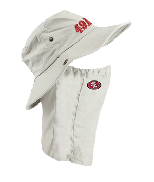 A light tan San Francisco 49ers sun hat with an attached neck shield. The hat features the 49ers text logo in red on the front of the hat, and the 49ers logo is on the right cheek of the neck shield.