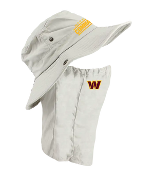 A light tan Washington Commanders sun hat with an attached neck shield. The hat features the Commanders text logo in yellow on the front of the hat, and the Commanders logo is on the right cheek of the neck shield.