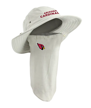 A tan wide-brim sun hat with an attached neck gaiter, featuring 'ARIZONA CARDINALS' in red on the front of the hat and the Arizona Cardinals bird logo on the right cheek of the neck gaiter.