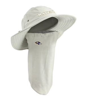 A light tan wide-brim sun hat with an attached neck gaiter, featuring the Baltimore Ravens text logo on the front of the hat and bird logo on the right side of the neck gaiter.