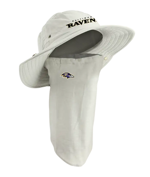 A beige Baltimore Ravens bucket hat with a built-in neck tube, displayed on a gray mannequin head against a white background.
