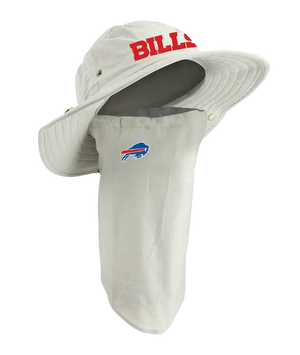 A Buffalo Bills sun hat with an attached neck gaiter, in light tan with red ‘Bills’ on the hat and Bills team logo on the right cheek of the neck gaiter.