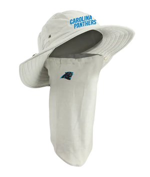 A Carolina Panthers sun hat with an attached neck gaiter, in light tan with blue ‘Carolina Panthers’ on the hat and Panthers team logo on the right cheek of the neck gaiter.