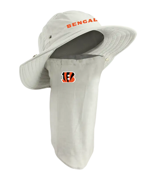 A Cincinnati Bengals sun hat with an attached neck gaiter, in light tan with orange ‘Bengals’ on the hat and Bengals team logo on the right cheek of the neck gaiter.