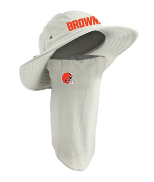 A Cleveland Browns sun hat with an attached neck gaiter, in light tan with orange ‘Browns’ on the hat and Browns team logo on the right cheek of the neck gaiter.