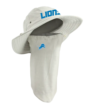 A Detroit Lions sun hat with an attached neck gaiter, in light tan with blue ‘Lions’ on the hat and Lions team logo on the right cheek of the neck gaiter.