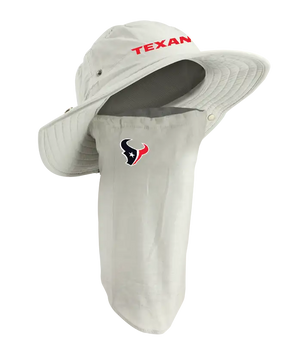 A Houston Texans sun hat with an attached neck gaiter, in light tan with red ‘Texans’ on the hat and Texans team logo on the right cheek of the neck gaiter.