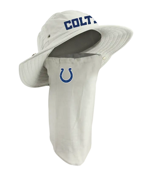 A Indianapolis Colts sun hat with an attached neck gaiter, in light tan with blue ‘Colts’ on the hat and Colts team logo on the right cheek of the neck gaiter.