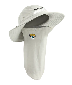 A Jacksonville Jaguars sun hat with an attached neck gaiter, in light tan with black and white ‘Jacksonville Jaguars’ on the hat and Jaguars team logo on the right cheek of the neck gaiter.