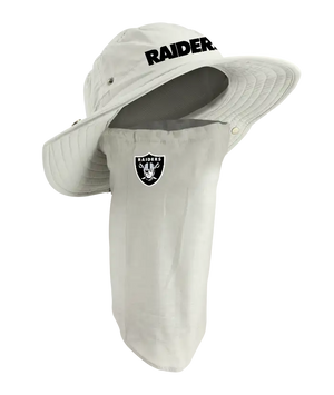 A Las Vegas Raiders sun hat with an attached neck gaiter, in light tan with black ‘Raiders’ on the hat and Raiders team logo on the right cheek of the neck gaiter.