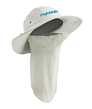 A Los Angeles Chargers sun hat with an attached neck gaiter, in light tan with blue ‘Chargers’ on the hat and Chargers team logo on the right cheek of the neck gaiter.