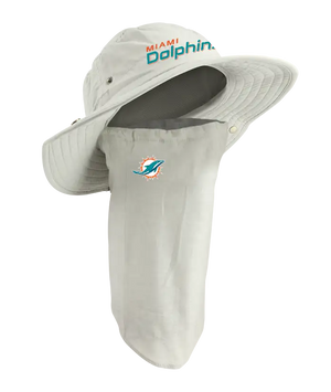 A Miami Dolphins sun hat with an attached neck gaiter, in light tan with orange and aqua ‘Dolphins’ on the hat and Dolphins team logo on the right cheek of the neck gaiter.