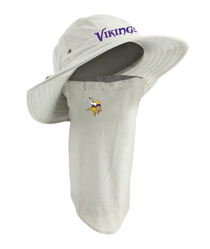 A Minnesota Vikings sun hat with an attached neck gaiter, in light tan with purple ‘Vikings’ on the hat and Vikings team logo on the right cheek of the neck gaiter.