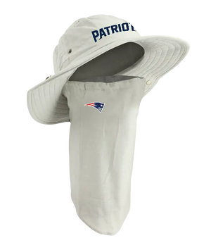 A New England Patriots sun hat with an attached neck gaiter, in light tan with navy ‘Patriots’ on the hat and Patriots team logo on the right cheek of the neck gaiter.