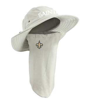 A New Orleans Saints sun hat with an attached neck gaiter, in light tan with white ‘Saints’ on the hat and Saints team logo on the right cheek of the neck gaiter.