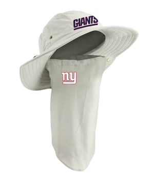 A New York Giants sun hat with an attached neck gaiter, in light tan with blue ‘Giants’ on the hat and Giants team logo on the right cheek of the neck gaiter.