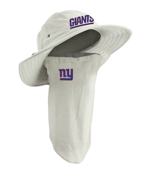 A New York Giants sun hat with an attached neck gaiter, in light tan with blue ‘Giants’ on the hat and Giants team logo on the right cheek of the neck gaiter.