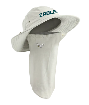 A tan wide-brim sun hat with an attached neck gaiter, featuring the word 'EAGLES' in green on the front of the hat and a the classic flying Eagle logo on the right cheek of the neck gaiter.
