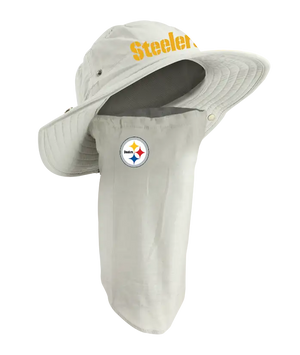 A Pittsburgh Steelers sun hat with an attached neck gaiter, in light tan with yellow 'Steelers' on the hat and Steelers team logo on the right cheek of the neck gaiter.