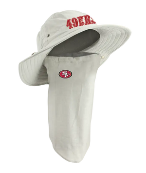 A San Francisco 49ers sun hat with an attached neck gaiter, in light tan with red '49ers' on the hat and 49ers team logo on the right cheek of the neck gaiter.