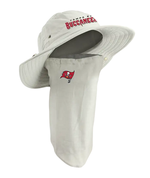 A Tampa Bay Buccaneers sun hat with an attached neck gaiter, in light tan with red 'Buccaneers' on the hat and Buccaneers team logo on the right cheek of the neck gaiter.