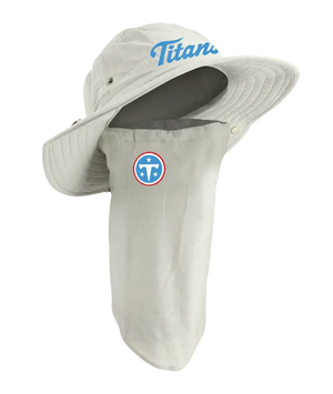 A Tennessee Titans sun hat with an attached neck gaiter, in light tan with blue 'Titans' on the hat and Titans team logo on the right cheek of the neck gaiter.