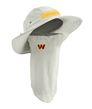 A Washington Commanders sun hat with an attached neck gaiter, in light tan with yellow 'Washington Commanders' on the hat and Commanders team logo on the right cheek of the neck gaiter.