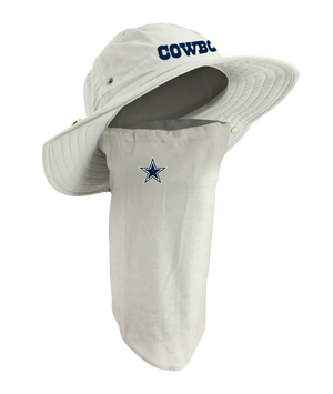 A tan Dallas Cowboys sun hat with an attached neck gaiter, featuring the word 'COWBOYS' on the front and the Dallas Cowboys star logo on the right cheek of the neck gaiter.