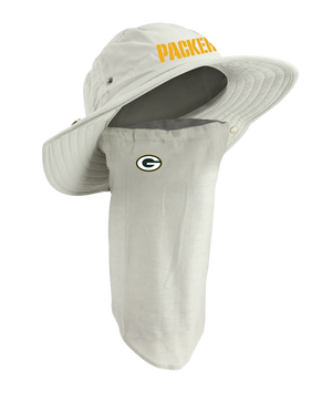 A light tan sun hat with an attached neck gaiter, featuring the word 'PACKERS' in yellow on the front of the hat and the Green Bay Packers logo on the right cheek of the neck gaiter.